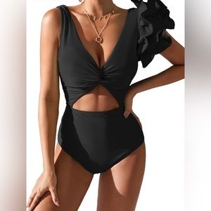 Sporlike Amazon black ruffle shoulder bathing suit sz L size large NEW NWTS